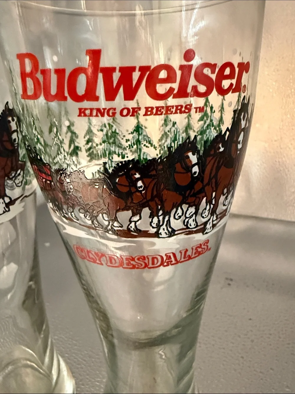Vintage Budweiser Pilsner Glasses with Red Logo and Brown Clydesdales - Set of 2